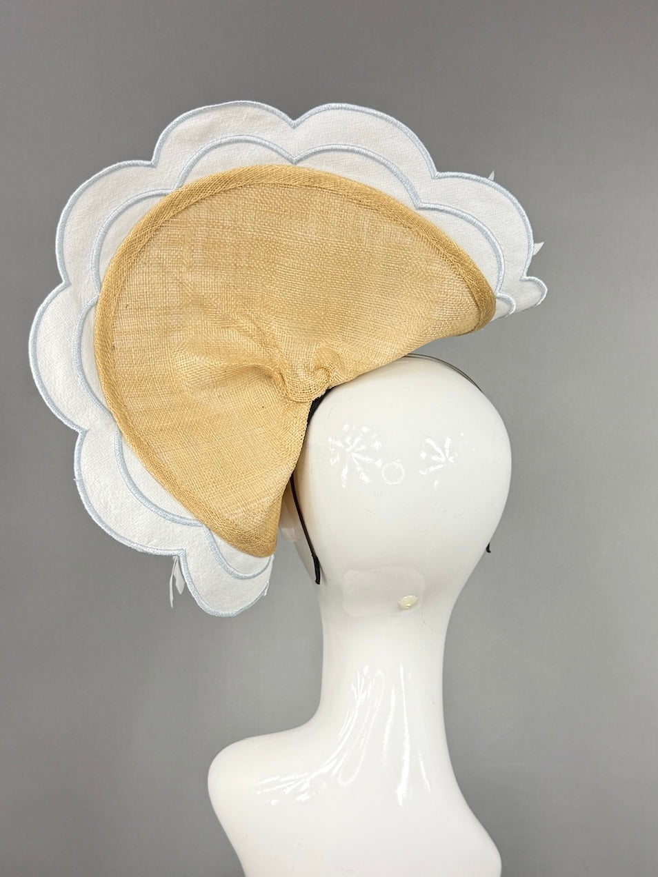 Kentucky Derby Fascinator Hat | White feathers on blue mat base Headpiece | Derbyologie