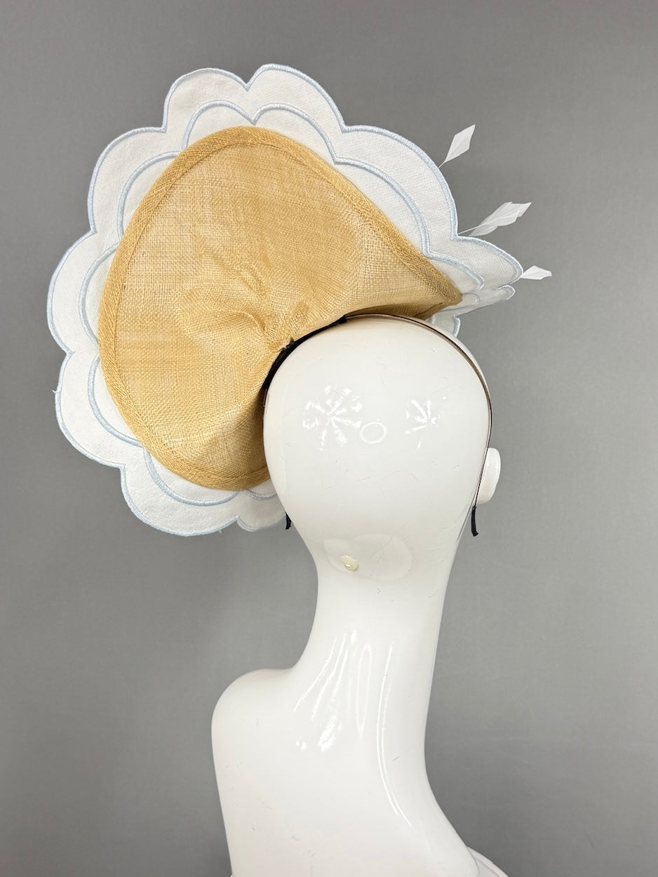 Kentucky Derby Fascinator Hat | White feathers on blue mat base Headpiece | Derbyologie