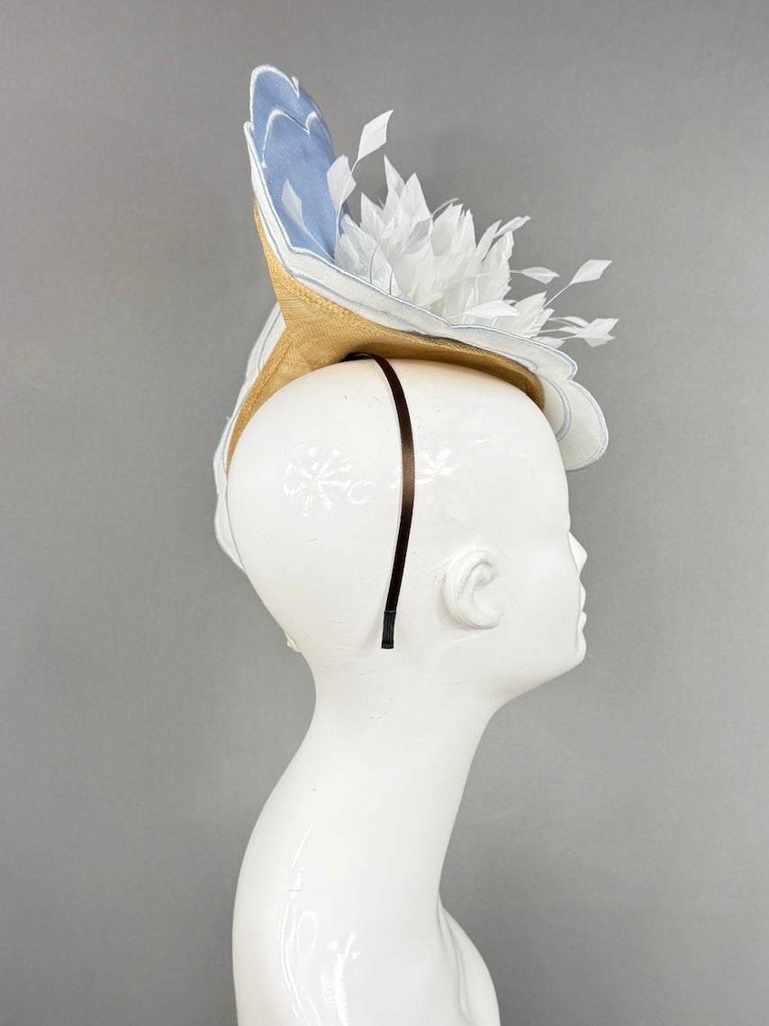 Kentucky Derby Fascinator Hat | White feathers on blue mat base Headpiece | Derbyologie