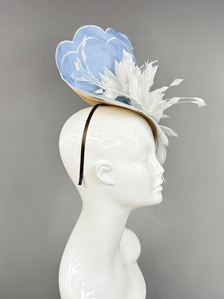 Kentucky Derby Fascinator Hat | White feathers on blue mat base Headpiece | Derbyologie