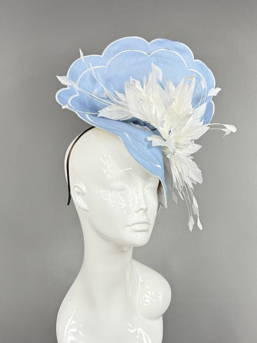 Kentucky Derby Fascinator Hat | White feathers on blue mat base Headpiece | Derbyologie