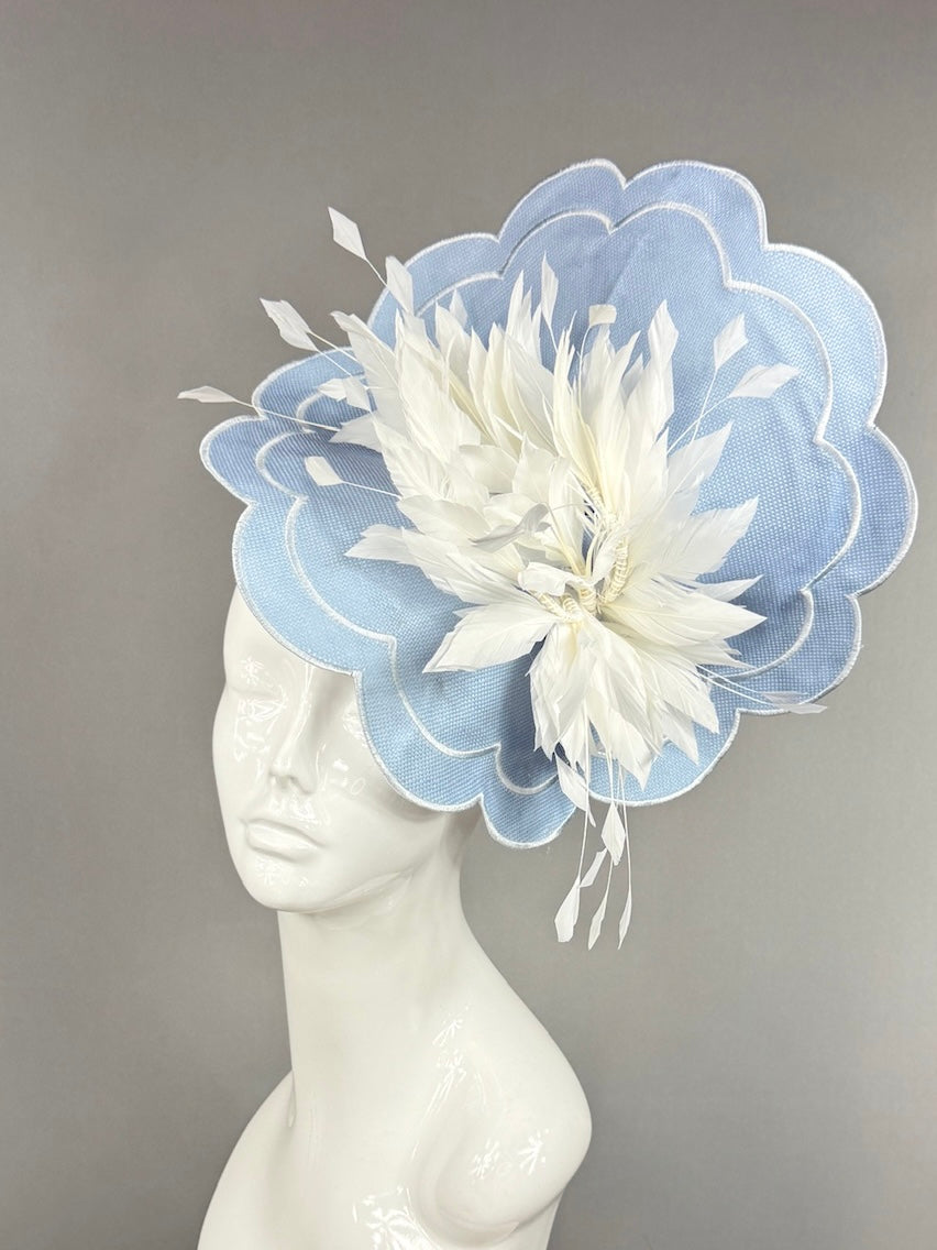 Kentucky Derby Fascinator Hat | White feathers on blue mat base Headpiece | Derbyologie