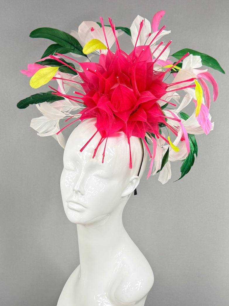 Kentucky Derby Fascinator Hat | Spiky pink feathered flower with colorful feathers Headpiece | Derbyologie