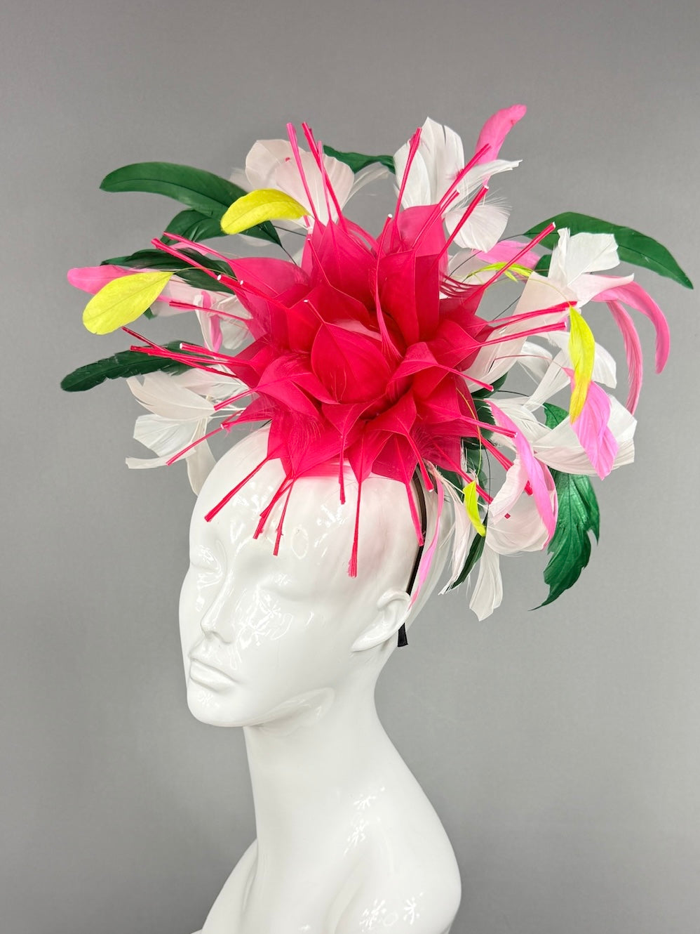 Kentucky Derby Fascinator Hat | Spiky pink feathered flower with colorful feathers Headpiece | Derbyologie
