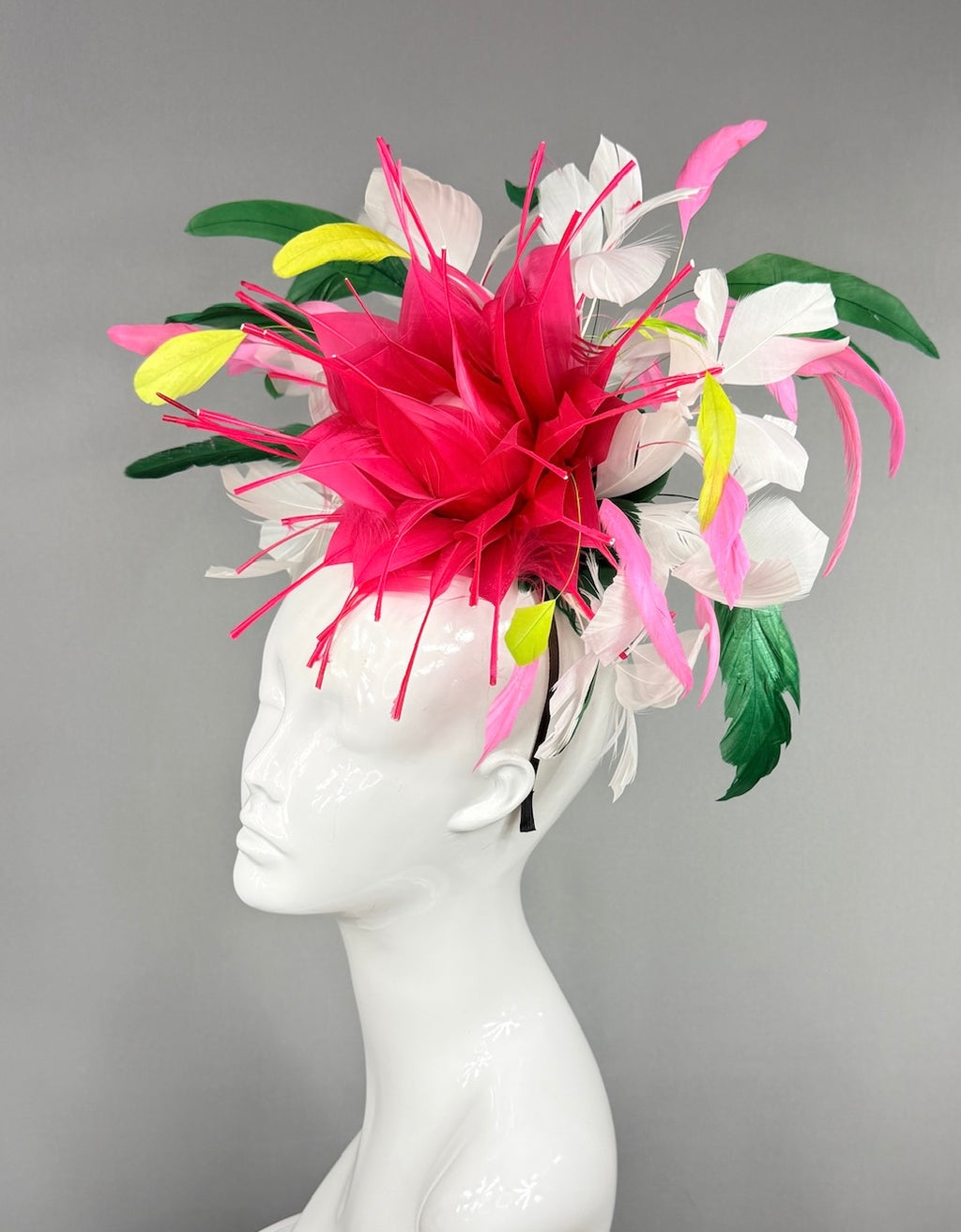 Kentucky Derby Fascinator Hat | Spiky pink feathered flower with colorful feathers Headpiece | Derbyologie