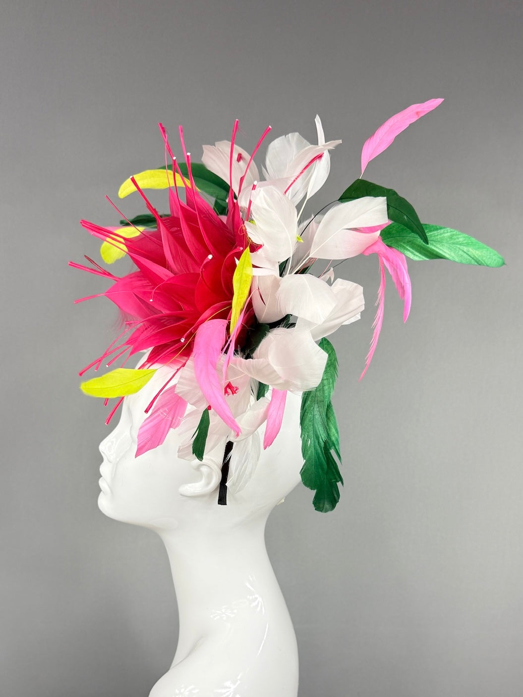 Kentucky Derby Fascinator Hat | Spiky pink feathered flower with colorful feathers Headpiece | Derbyologie