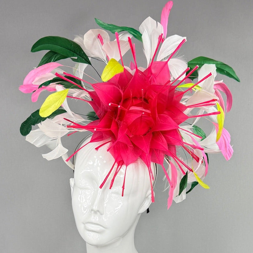 Kentucky Derby Fascinator Hat | Spiky pink feathered flower with colorful feathers Headpiece | Derbyologie
