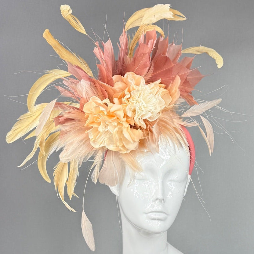 Kentucky Derby Fascinator Hat | Peach ranunculus, yellow and blush feathers Headpiece | Derbyologie