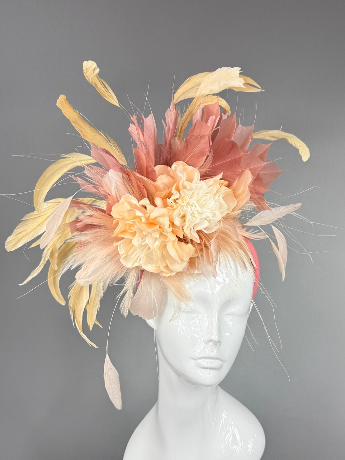 Kentucky Derby Fascinator Hat | Peach ranunculus, yellow and blush feathers Headpiece | Derbyologie