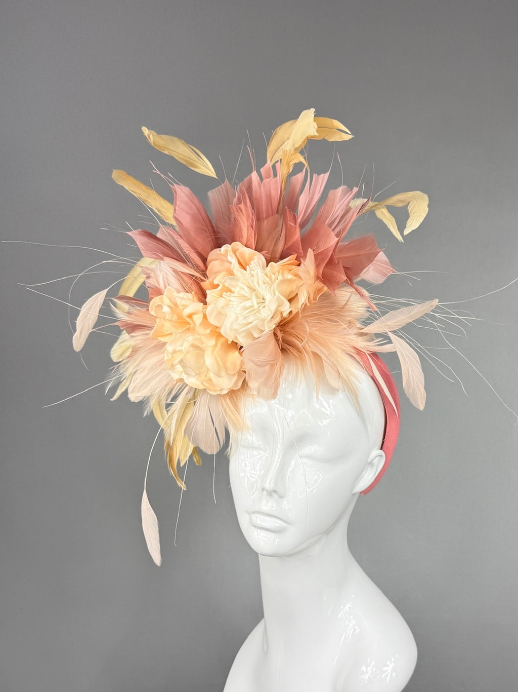 Kentucky Derby Fascinator Hat | Peach ranunculus, yellow and blush feathers Headpiece | Derbyologie