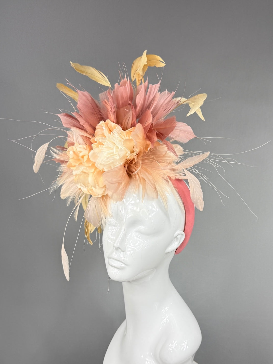 Kentucky Derby Fascinator Hat | Peach ranunculus, yellow and blush feathers Headpiece | Derbyologie
