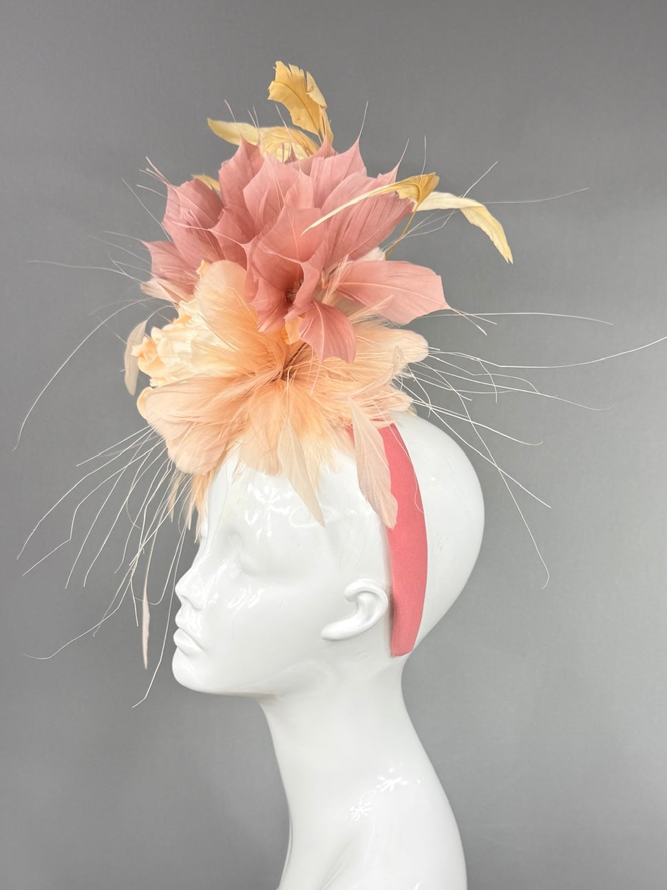 Kentucky Derby Fascinator Hat | Peach ranunculus, yellow and blush feathers Headpiece | Derbyologie