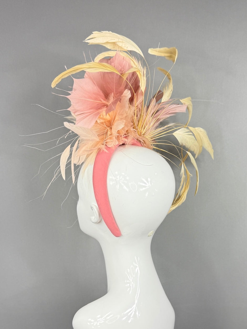 Kentucky Derby Fascinator Hat | Peach ranunculus, yellow and blush feathers Headpiece | Derbyologie