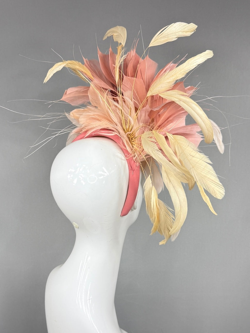 Kentucky Derby Fascinator Hat | Peach ranunculus, yellow and blush feathers Headpiece | Derbyologie