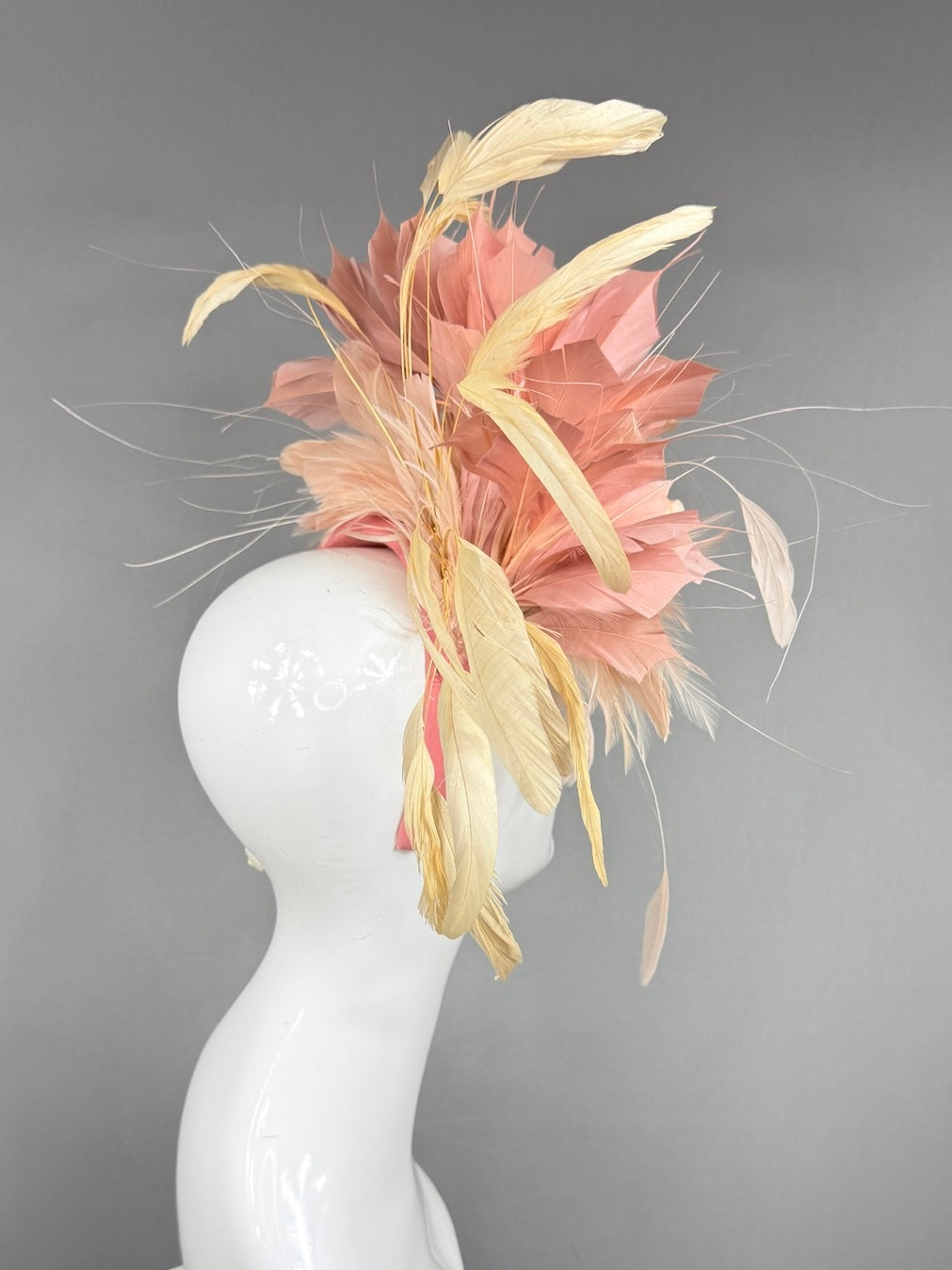 Kentucky Derby Fascinator Hat | Peach ranunculus, yellow and blush feathers Headpiece | Derbyologie