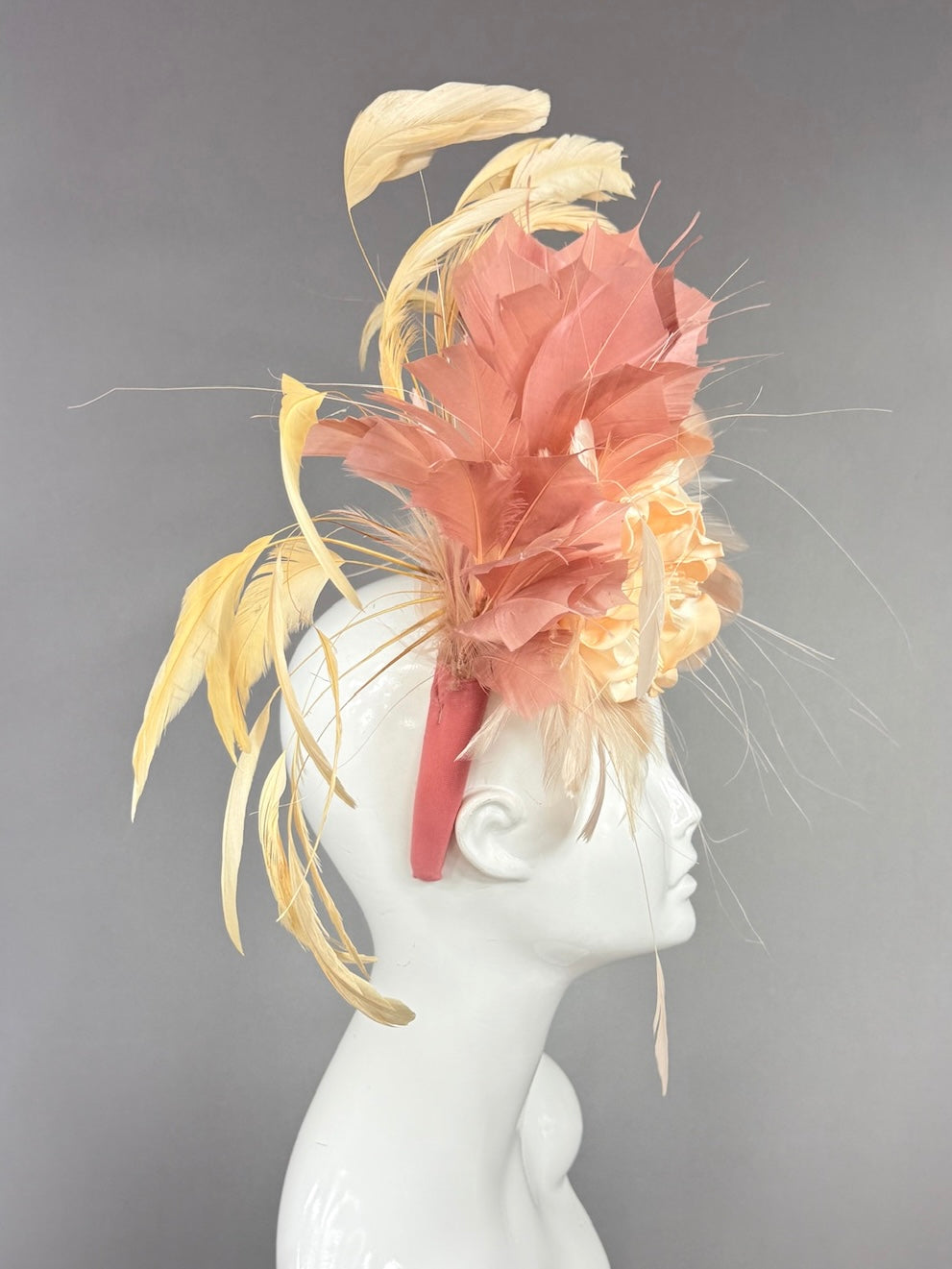 Kentucky Derby Fascinator Hat | Peach ranunculus, yellow and blush feathers Headpiece | Derbyologie