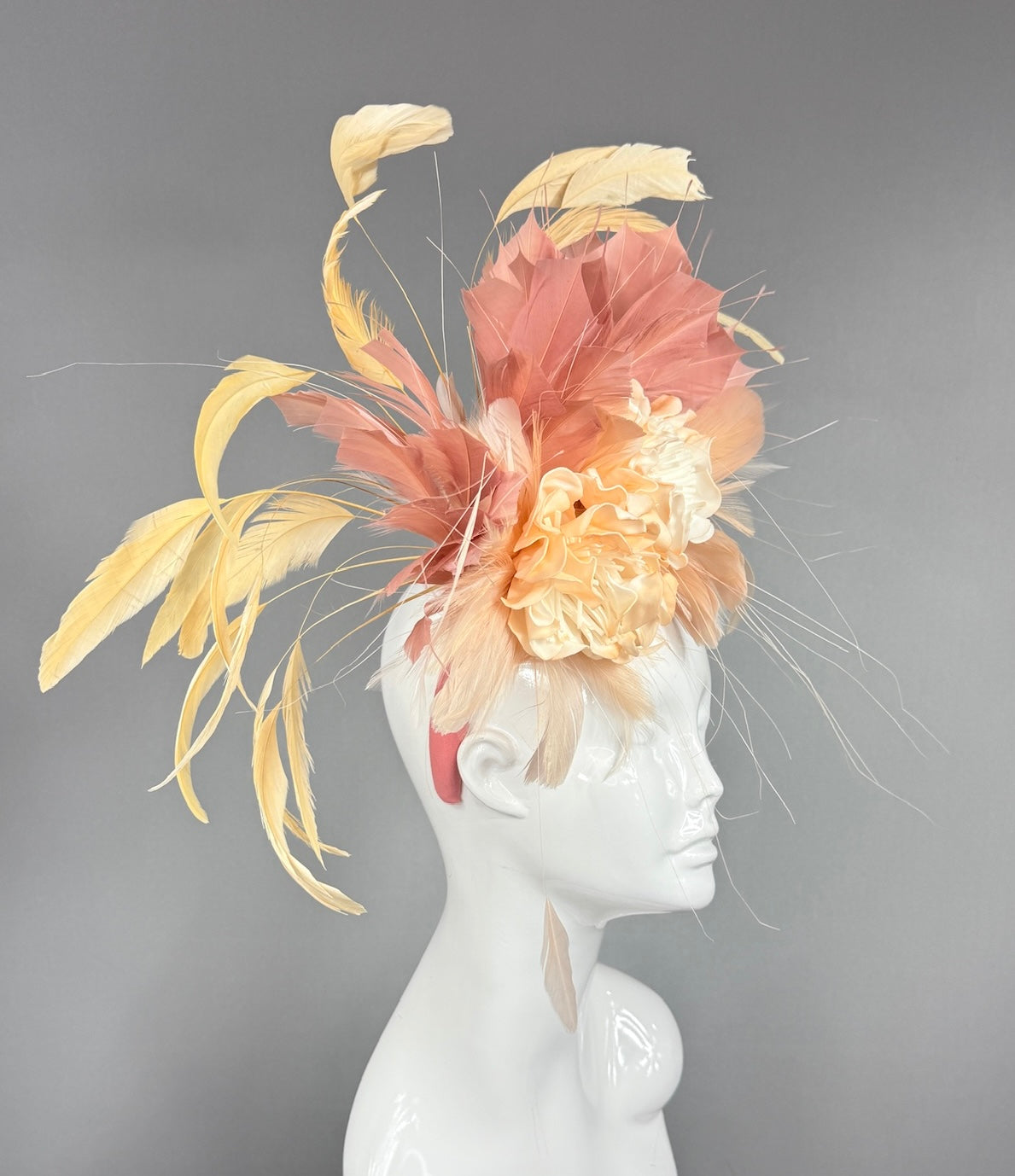 Kentucky Derby Fascinator Hat | Peach ranunculus, yellow and blush feathers Headpiece | Derbyologie