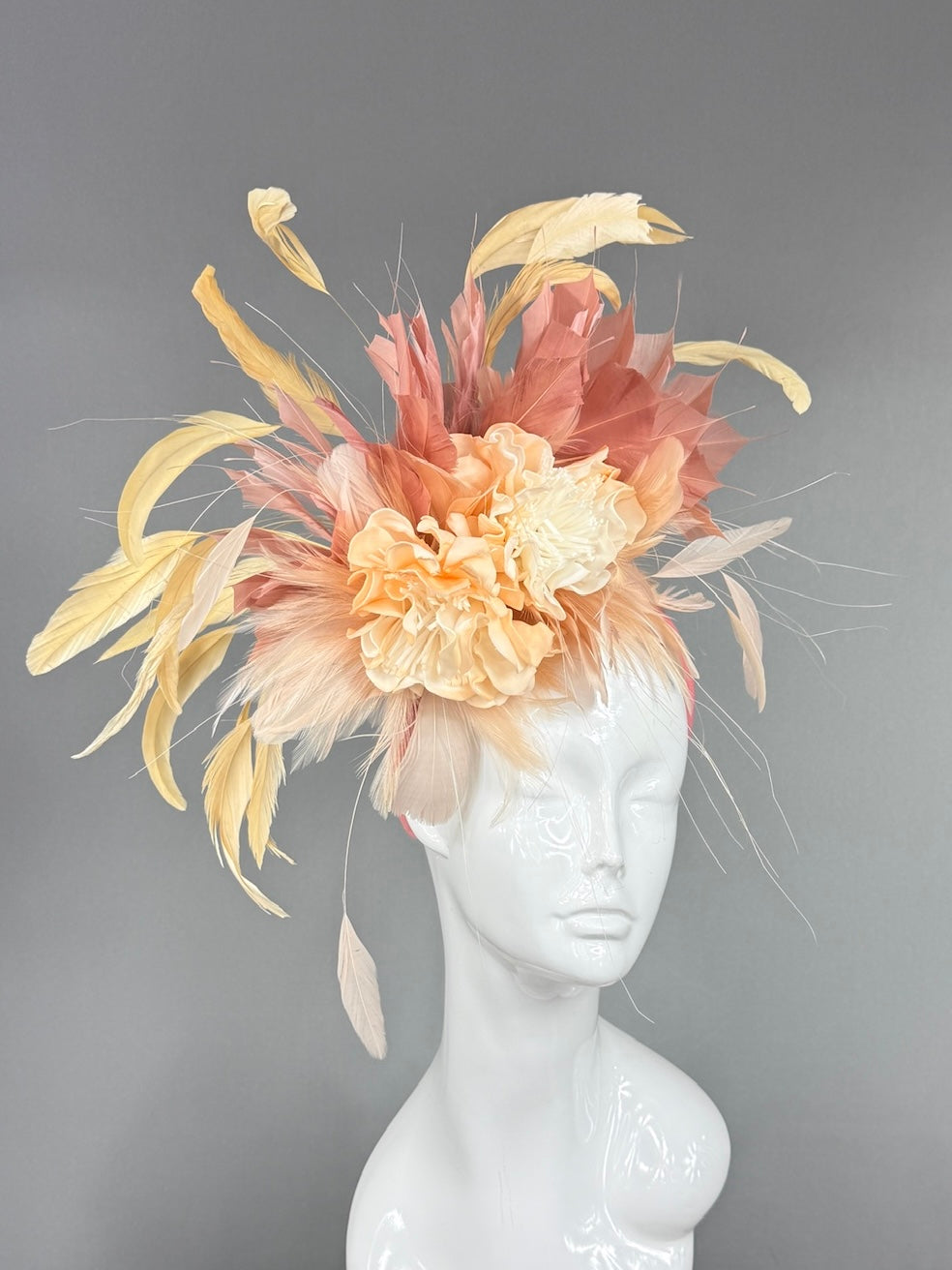 Kentucky Derby Fascinator Hat | Peach ranunculus, yellow and blush feathers Headpiece | Derbyologie