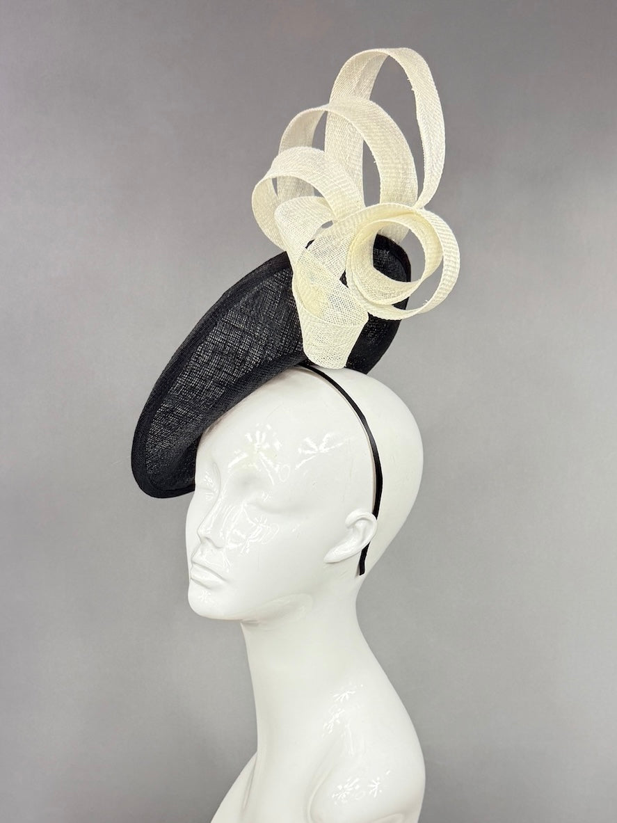 Kentucky Derby Fascinator Hat | Loops of sculpted ivory sinamay ribbon on a black saucer base Headpiece | Derbyologie