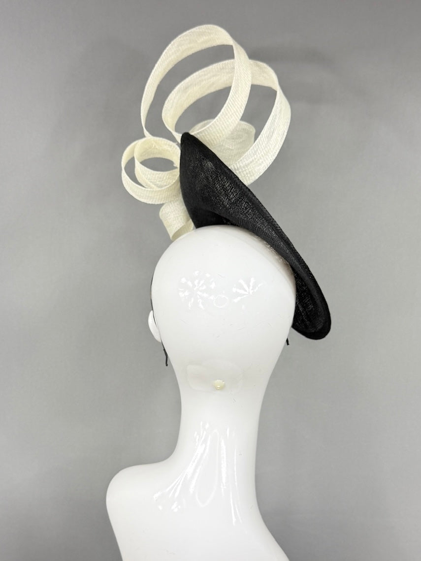 Kentucky Derby Fascinator Hat | Loops of sculpted ivory sinamay ribbon on a black saucer base Headpiece | Derbyologie