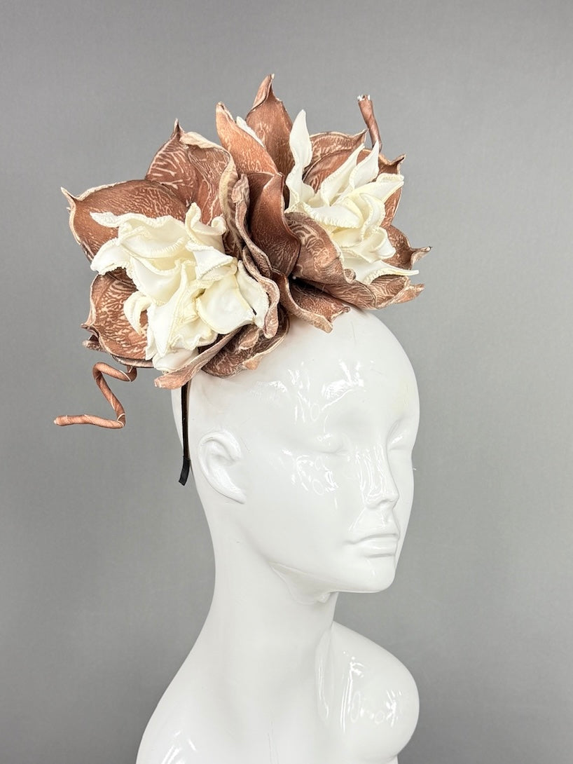 Kentucky Derby Fascinator Hat | Oversized white and brown dahlias Headpiece | Derbyologie