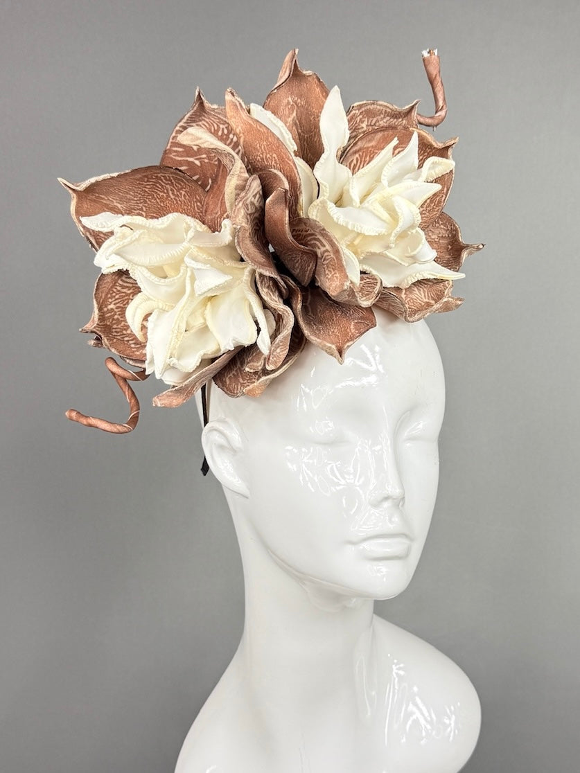 Kentucky Derby Fascinator Hat | Oversized white and brown dahlias Headpiece | Derbyologie