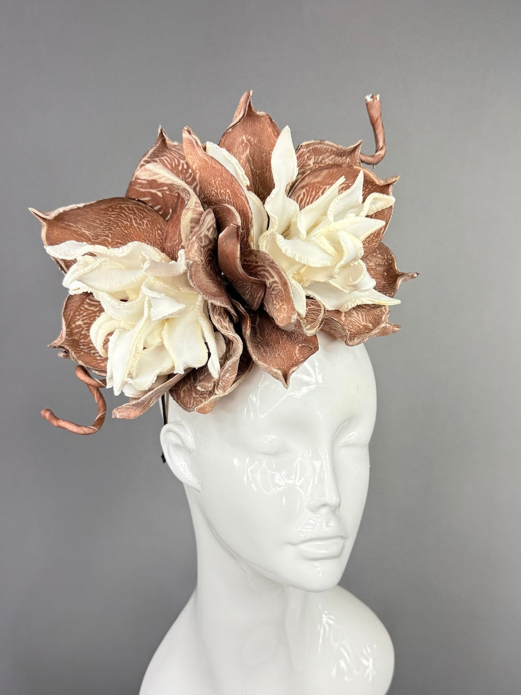 Kentucky Derby Fascinator Hat | Oversized white and brown dahlias Headpiece | Derbyologie