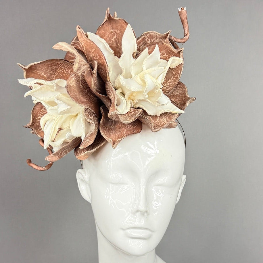 Kentucky Derby Fascinator Hat | Oversized white and brown dahlias Headpiece | Derbyologie