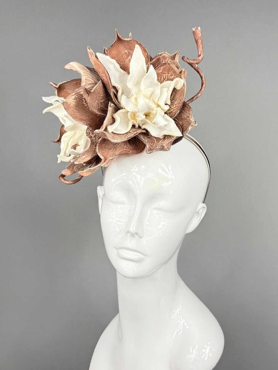 Kentucky Derby Fascinator Hat | Oversized white and brown dahlias Headpiece | Derbyologie