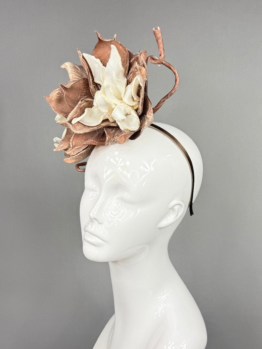 Kentucky Derby Fascinator Hat | Oversized white and brown dahlias Headpiece | Derbyologie