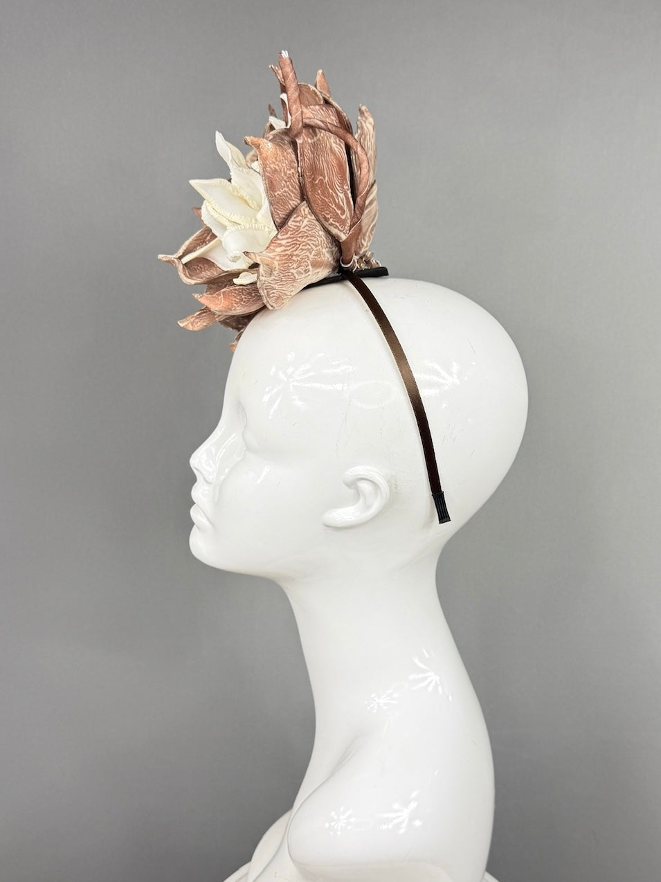 Kentucky Derby Fascinator Hat | Oversized white and brown dahlias Headpiece | Derbyologie
