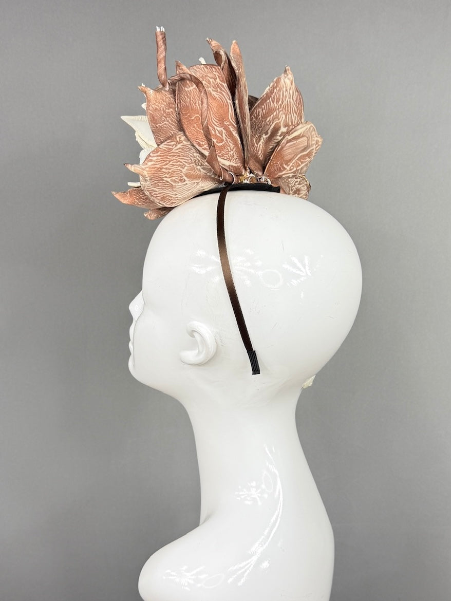 Kentucky Derby Fascinator Hat | Oversized white and brown dahlias Headpiece | Derbyologie