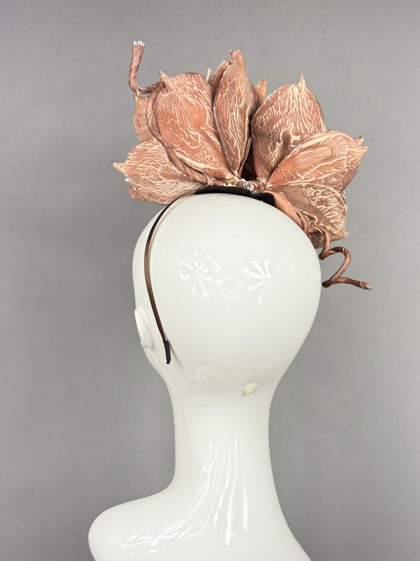 Kentucky Derby Fascinator Hat | Oversized white and brown dahlias Headpiece | Derbyologie