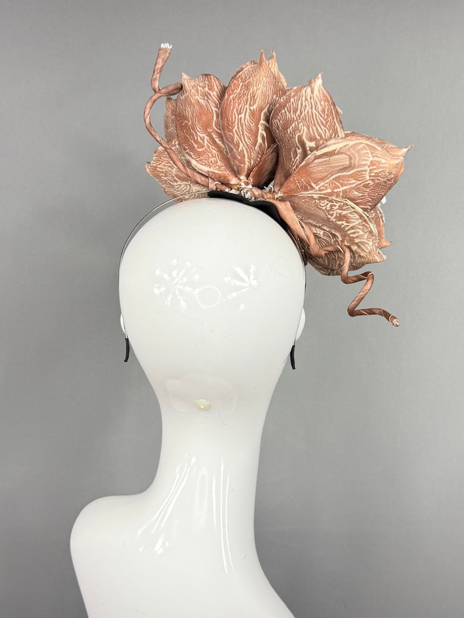 Kentucky Derby Fascinator Hat | Oversized white and brown dahlias Headpiece | Derbyologie
