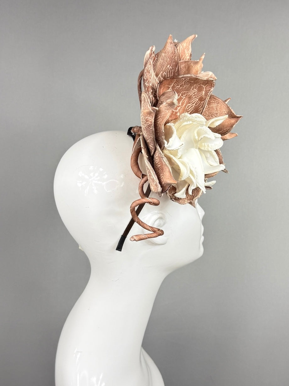 Kentucky Derby Fascinator Hat | Oversized white and brown dahlias Headpiece | Derbyologie