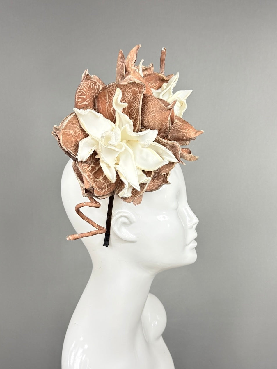 Kentucky Derby Fascinator Hat | Oversized white and brown dahlias Headpiece | Derbyologie