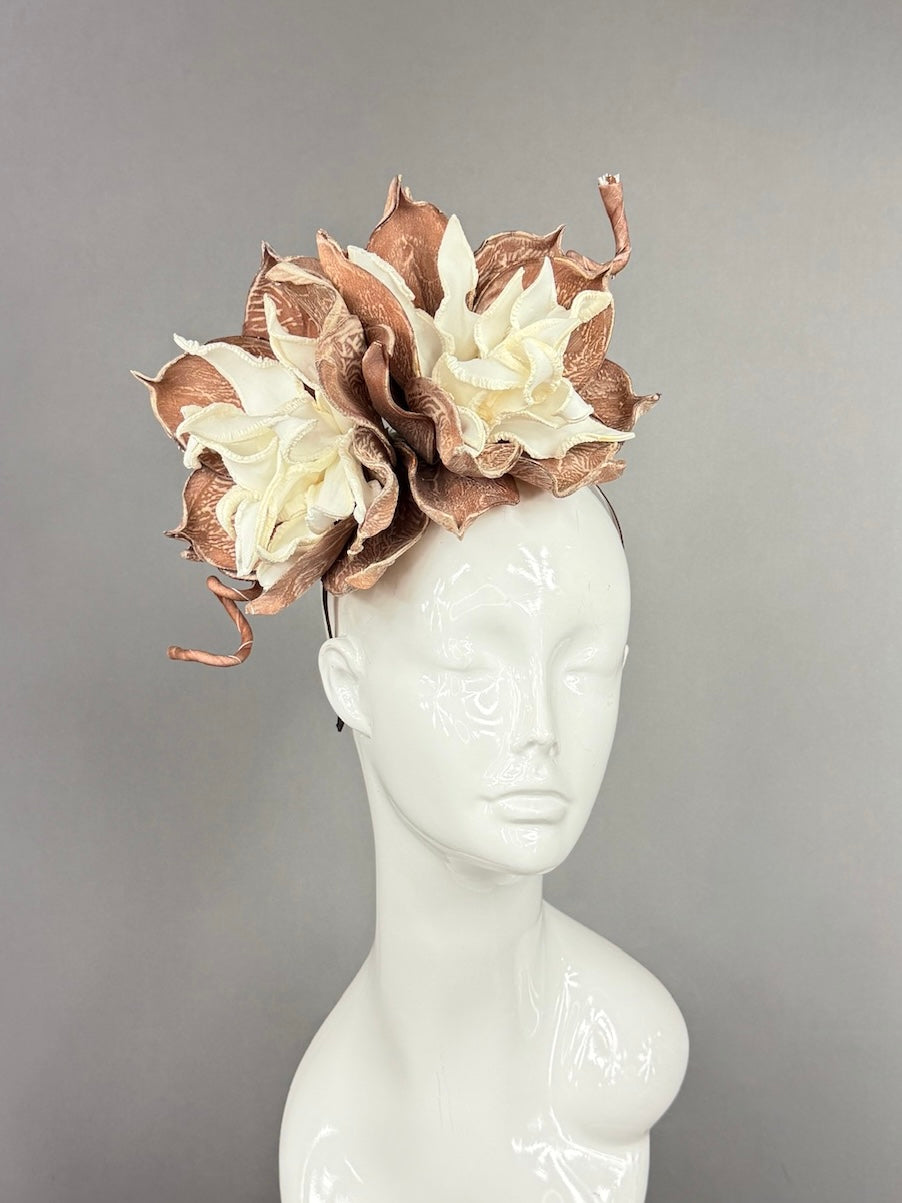 Kentucky Derby Fascinator Hat | Oversized white and brown dahlias Headpiece | Derbyologie
