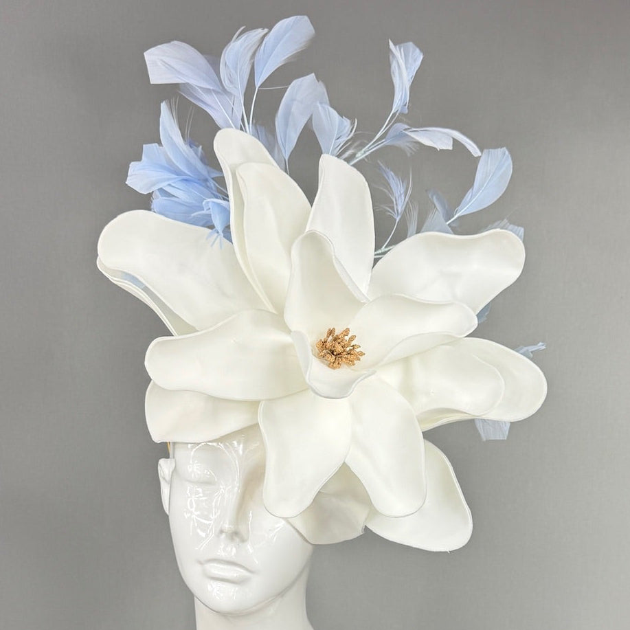 Kentucky Derby Fascinator Hat | Oversized white magnolia and blue feathers Headpiece | Derbyologie
