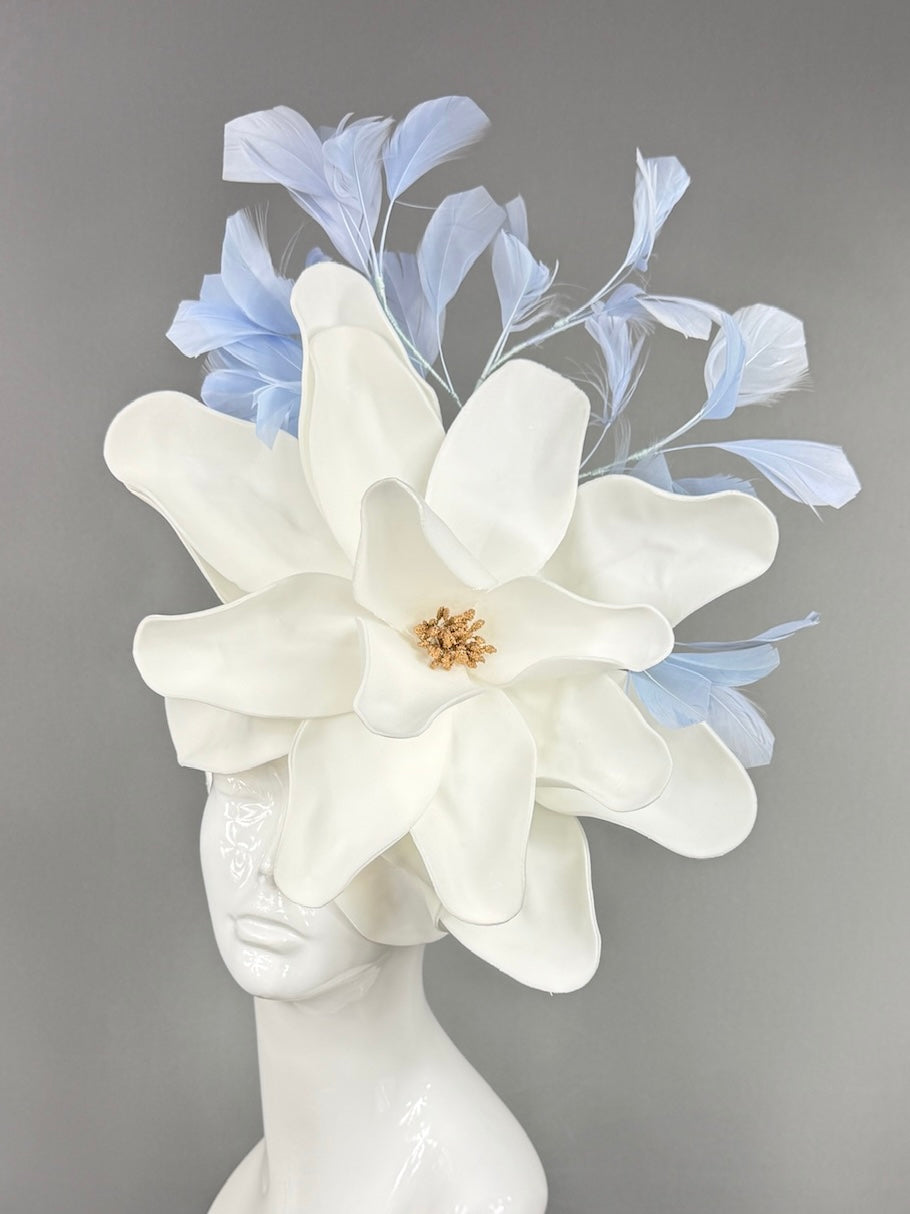 Kentucky Derby Fascinator Hat | Oversized white magnolia and blue feathers Headpiece | Derbyologie