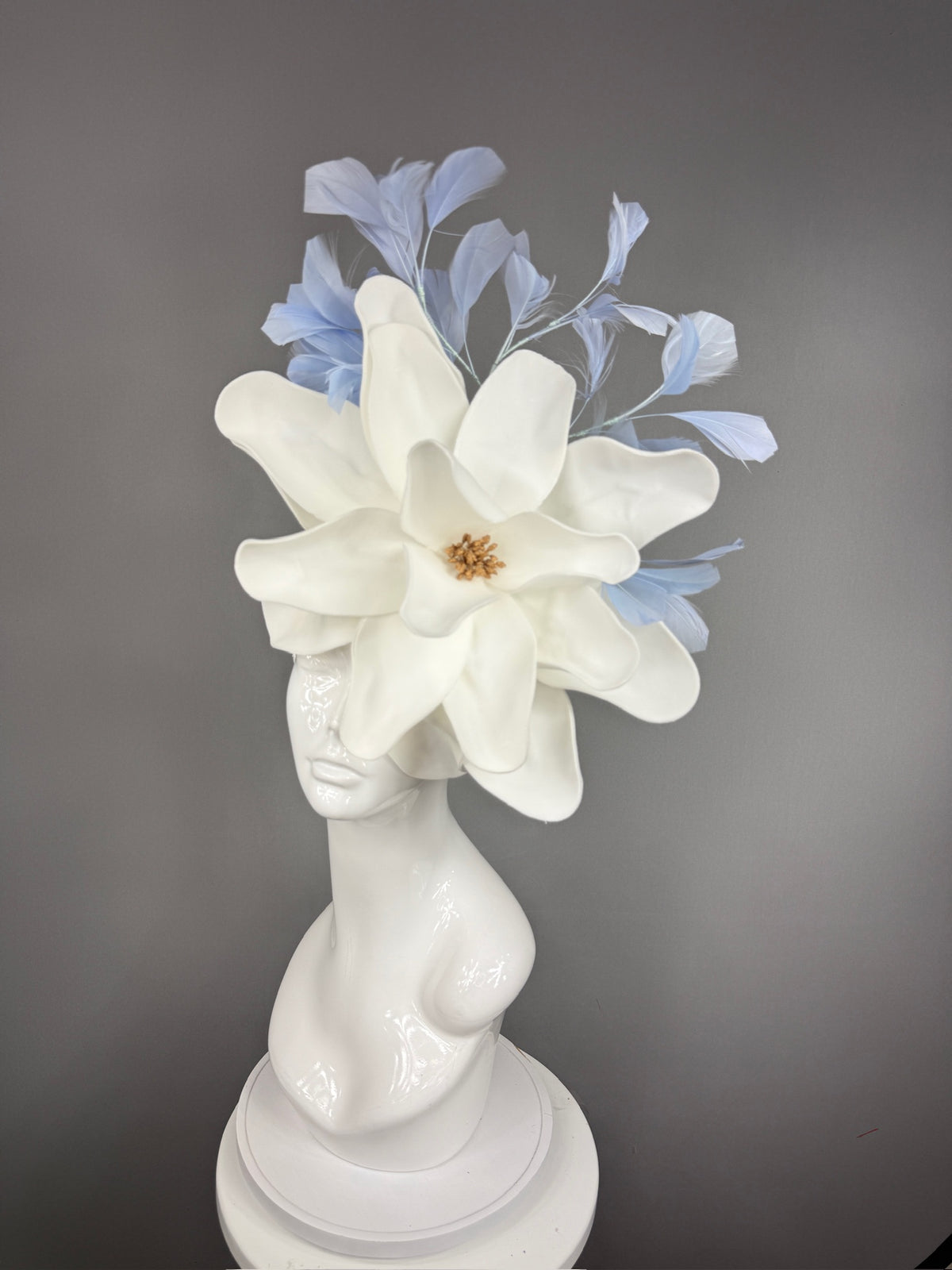 Kentucky Derby Fascinator Hat | Oversized white magnolia and blue feathers Headpiece | Derbyologie