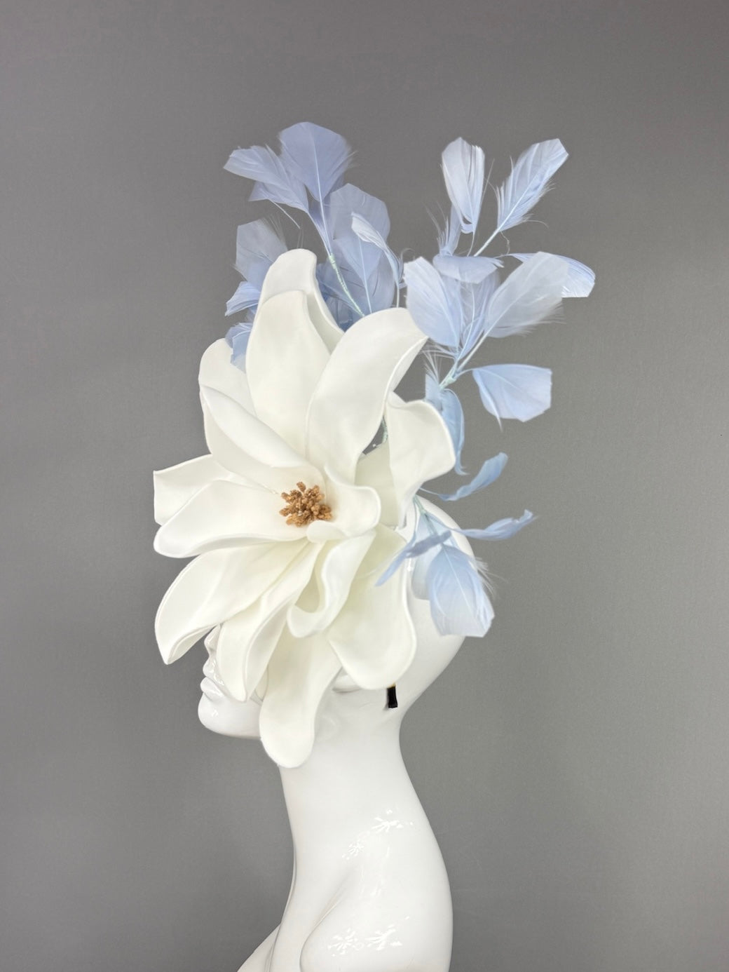 Kentucky Derby Fascinator Hat | Oversized white magnolia and blue feathers Headpiece | Derbyologie
