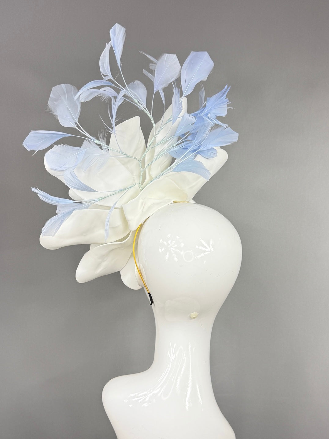 Kentucky Derby Fascinator Hat | Oversized white magnolia and blue feathers Headpiece | Derbyologie