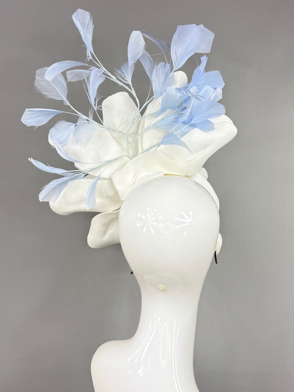 Kentucky Derby Fascinator Hat | Oversized white magnolia and blue feathers Headpiece | Derbyologie
