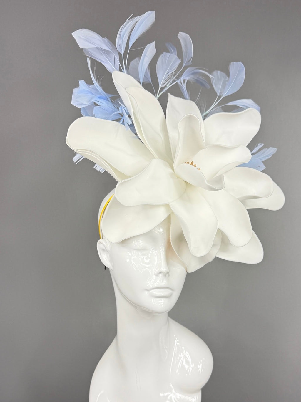 Kentucky Derby Fascinator Hat | Oversized white magnolia and blue feathers Headpiece | Derbyologie