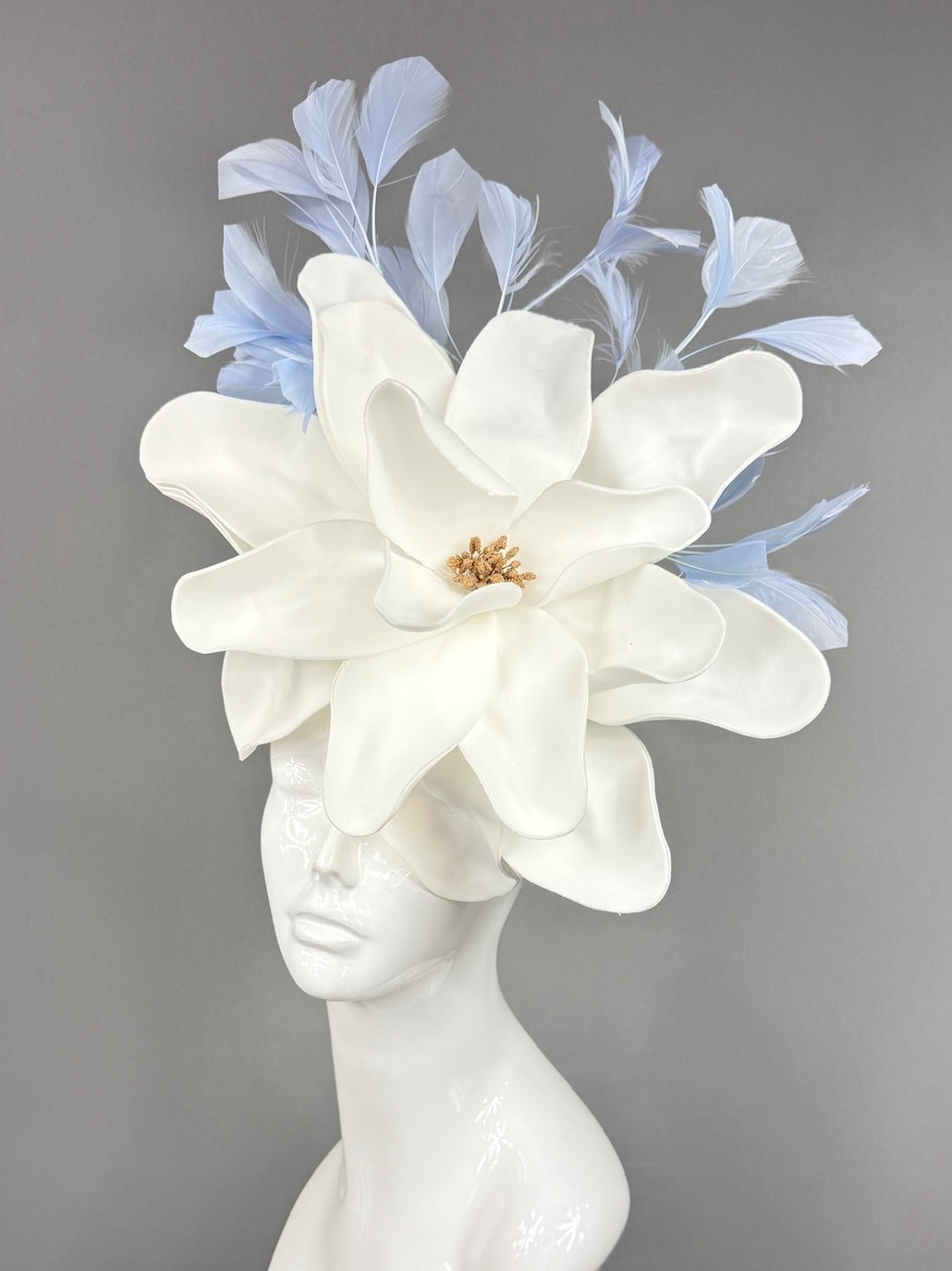 Kentucky Derby Fascinator Hat | Oversized white magnolia and blue feathers Headpiece | Derbyologie