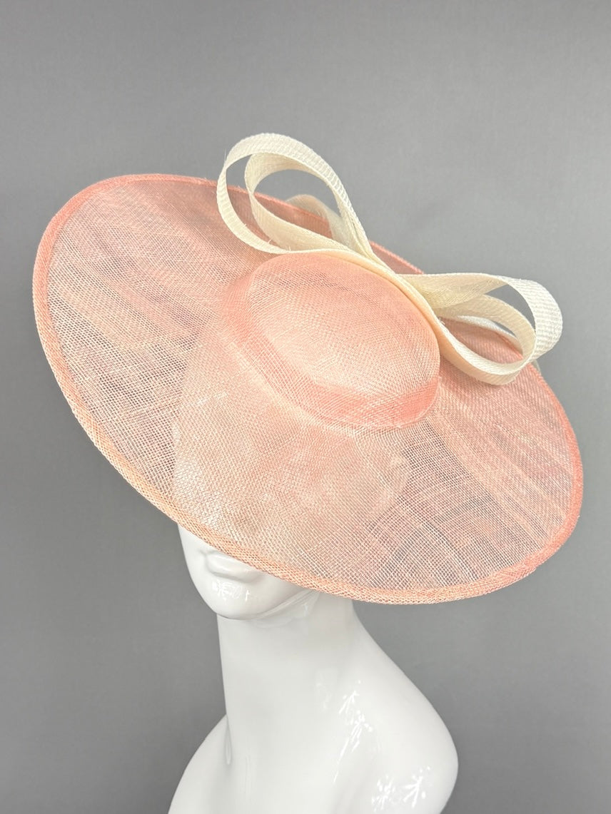 Kentucky Derby Fascinator Hat | Pink mat base with cream bow Headpiece | Derbyologie