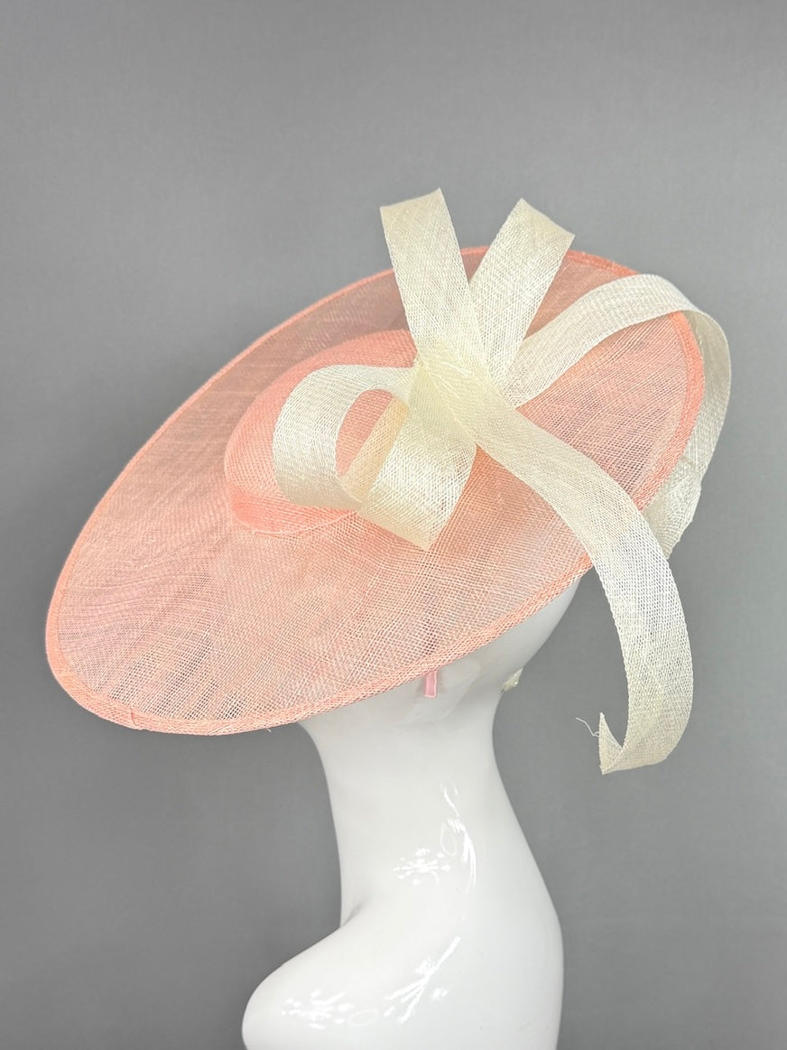 Kentucky Derby Fascinator Hat | Pink mat base with cream bow Headpiece | Derbyologie