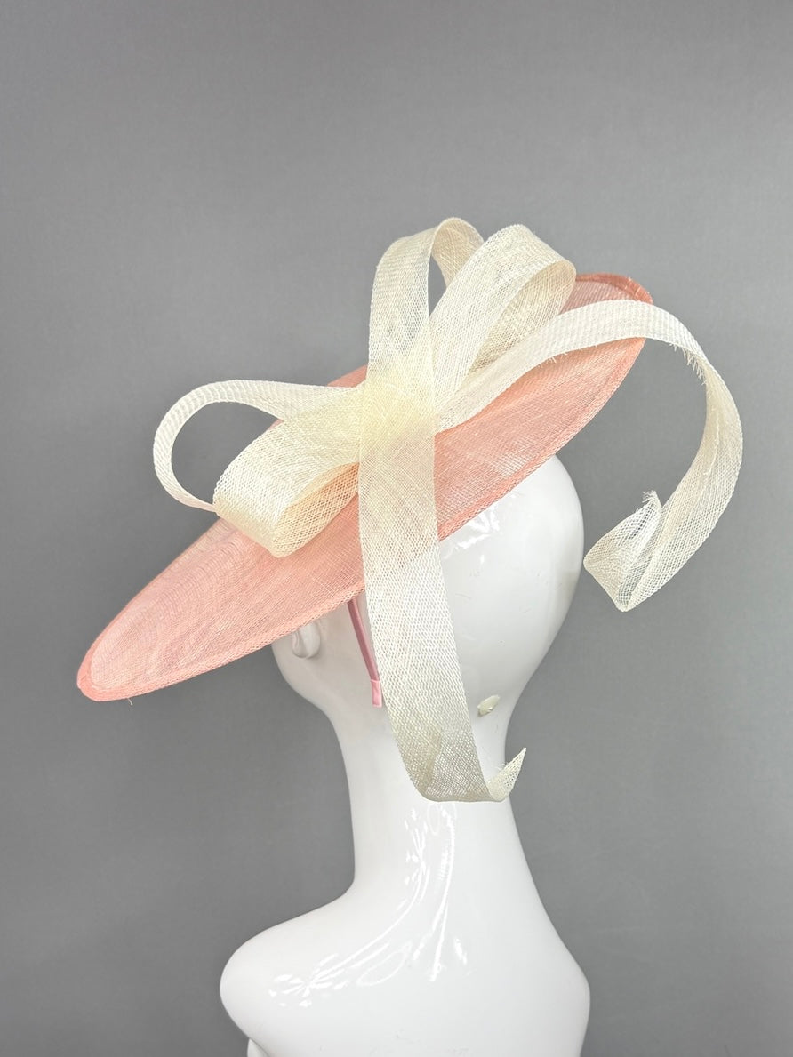 Kentucky Derby Fascinator Hat | Pink mat base with cream bow Headpiece | Derbyologie