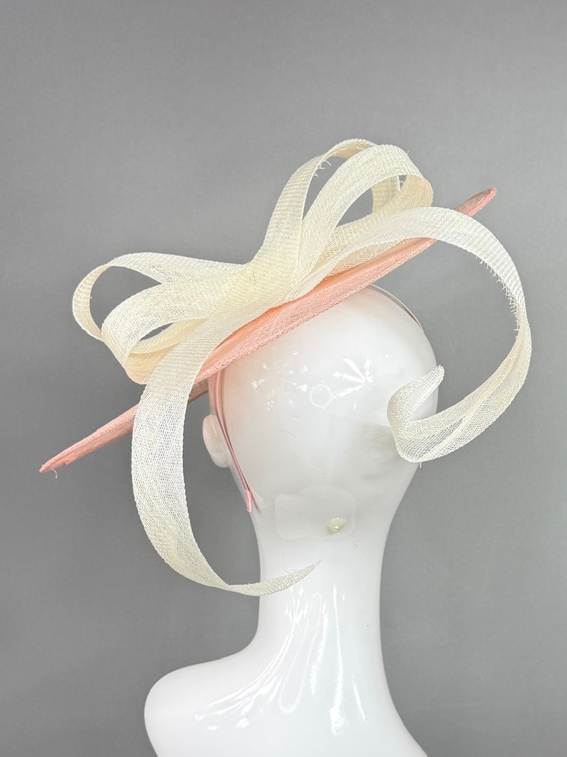 Kentucky Derby Fascinator Hat | Pink mat base with cream bow Headpiece | Derbyologie