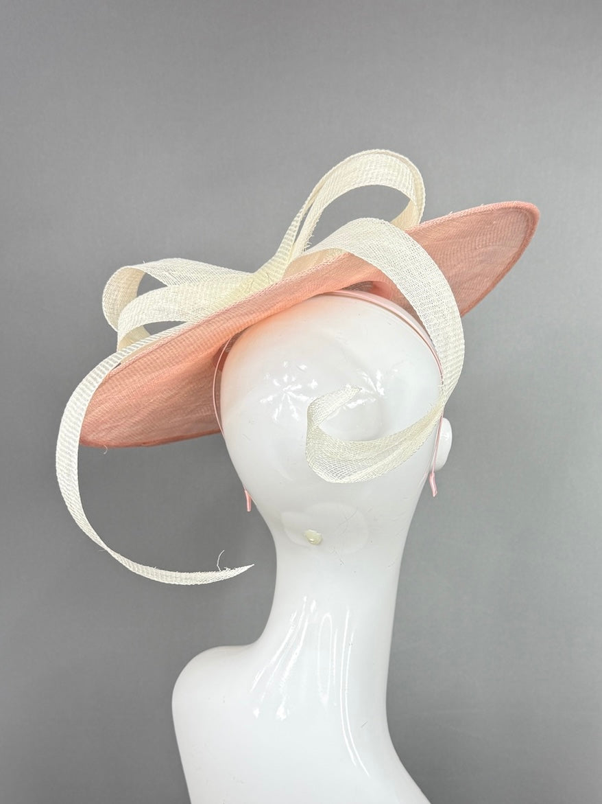 Kentucky Derby Fascinator Hat | Pink mat base with cream bow Headpiece | Derbyologie